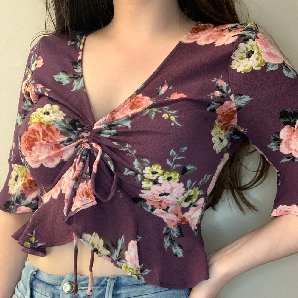 Cottagecore cropped floral purple blouse